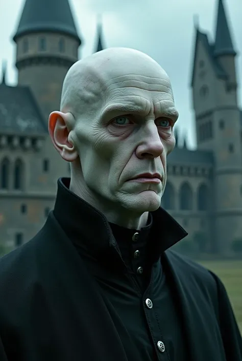 Give me an image of Woldermot from Harry Potter he is completely bald with a smooth and pale scalp his skin is a mortal white background that looks like a castle