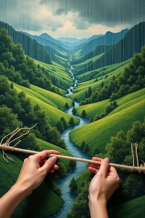  Hands weaving a fabric with a drawing of a lush landscape with green fields and flowing rivers under a life-giving rain sky