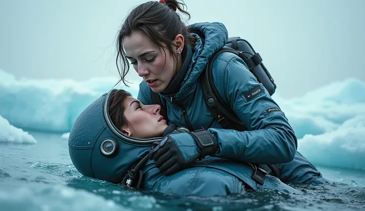 a woman in a skin-tight hazmat suit underwater on the icy surface of antarctica, desperately ripping off her girlfriends helmet as she struggles to breathe, perfect deteiled