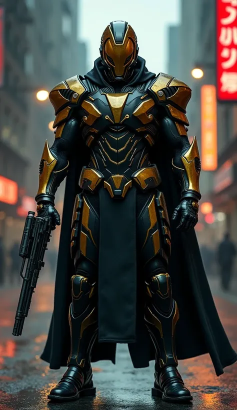 Reimagine a muscular, imposing mercenary, wearing a sleek, modern armor with noir-inspired design. The armor features a mix of matte black and polished gold, with intricate, sharp details that give it a high-tech yet vintage look. The helmet retains its ic...