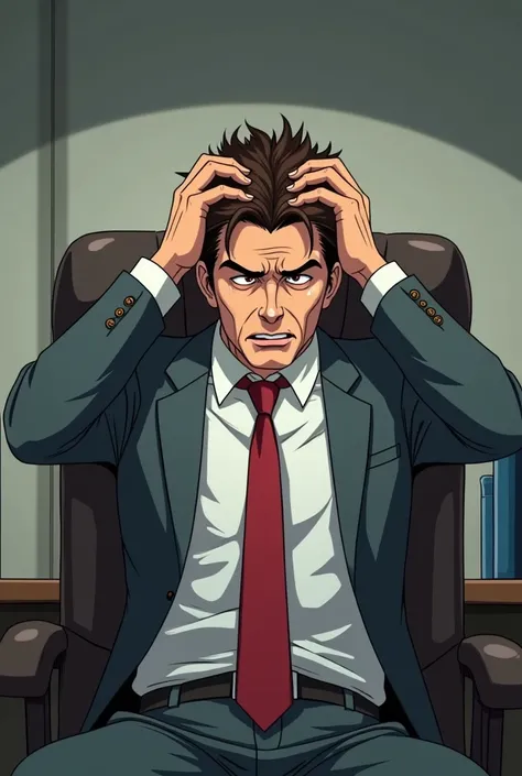 A middle-aged man, full body, shady government worker, brown hair, gray business suit with a loose red tie, strong authority facial expression, works in a secret government agency, siting in an office, hands pulling hair and stressed out, he is suffering u...