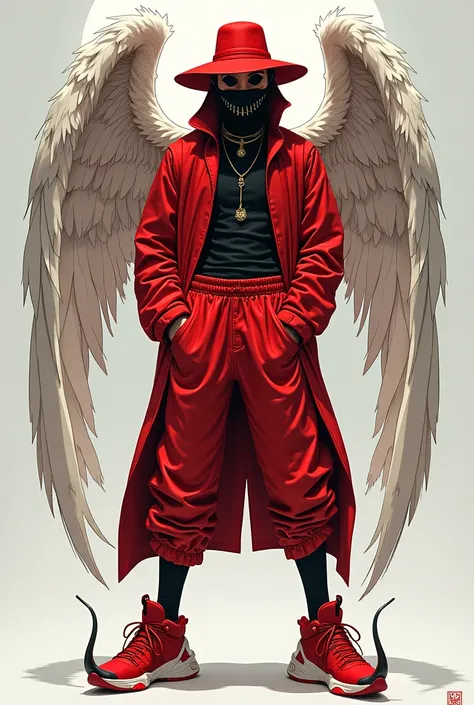 A red hat black mask red angelic pants from FF an angelic sneaker in a drawing 