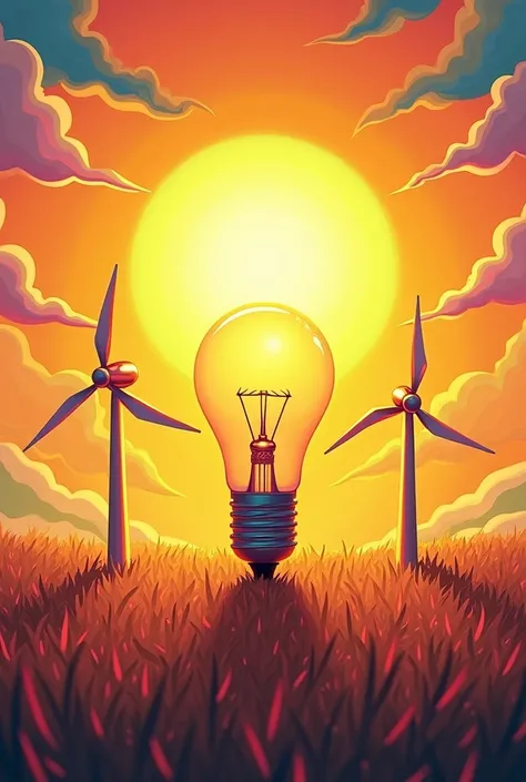 A bright sun, A windmill,  and a light bulb turned on to represent the energy sources, colorful,  Album cover , Space in the center,  animated, fun, Let it be the light background , Space in the center, decoracion en los bordes y suficiente Space in the ce...