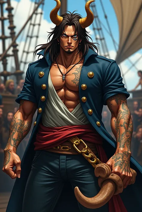 Create me a one piece character with long brown hair with a fade and brown eyes and I want to be wearing a cool admiral coat and I need to wear like a tank top over it and give me cool looking tattoos and give me bull horns on my head and scars all over my...