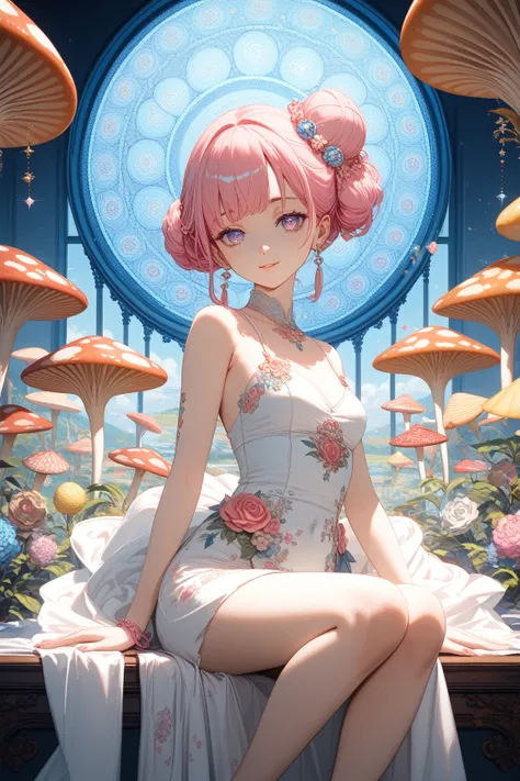 1 asian girl, beautiful 18 year old girl, pink hair in a bun, bare shoulders, sitting on a giant mushroom, elegant, chic, modern, fashionable, muted colors, soft lighting, art nouveau, psychedelic anime style, colorful, trippy, (best quality,4k,8k,highres,...