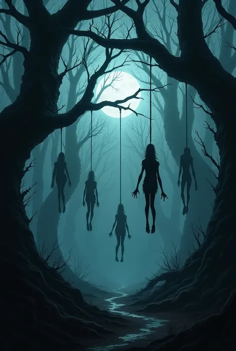 "Create a chilling image of a dark, sinister forest at night, with thick, twisted trees casting long, menacing shadows. From the gnarled branches, several men hang by nooses, their lifeless forms swaying slightly in the eerie stillness. The moonlight barel...