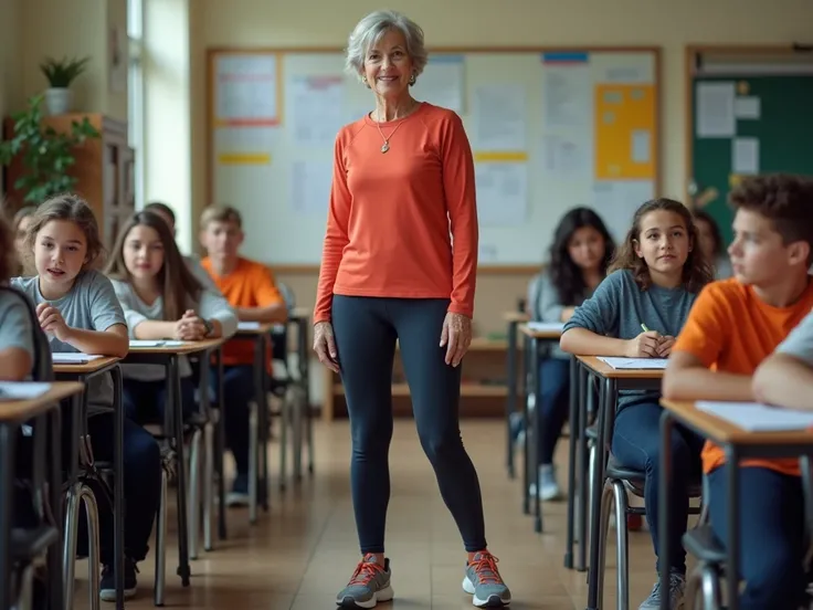 " A 55-year-old woman at a school meeting for parents ,  Wearing gym clothes: Sports top,  compression leggings and flashy sneakers .  The other parents are dressed in casual or work clothes, as she sits carefree ,  causing discreet looks and some surprise...