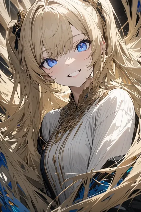 upper body shot,makes an aesthetic,Master piece,Best Quality,ultra detailed,Long Hair,Twintails,beautiful blond hair,smiling,beautiful blue eyes,off shoulder