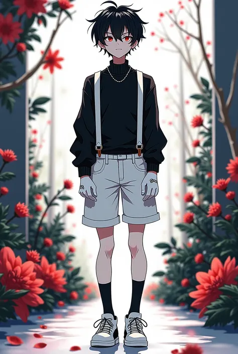 A male teenager who has completely white skin and black hair is wearing a black sweater, short white pants with white suspenders, long black socks, wearing white shoes, he is also wearing white cartoon gloves, he is in a completely colorful setting differe...