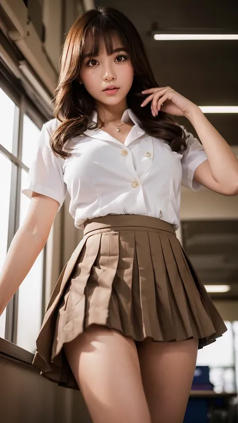 Product quality,1 girl,(Shooting from below:1.4),(Thigh Emphasis:1.4),Young and pretty girl in Japan,Daytime, (High school classroom:1.2),(Short sleeve shirt:1.3),(Schoolgirl uniform:1.3),(blazer:1.3), (Ultra mini pleated skirt in white:1.5),(Skirt Lift,No...