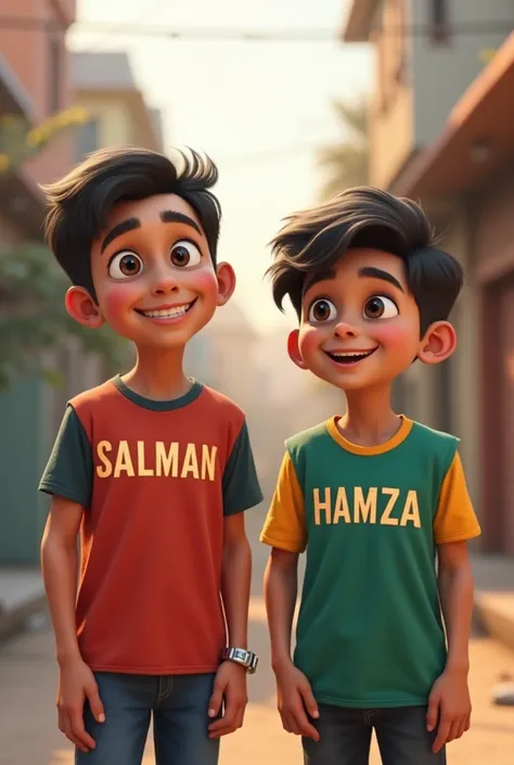 Two Pakistani boys are standing together.Salman is written on ones shirt and Hamza is written on anothers shirt