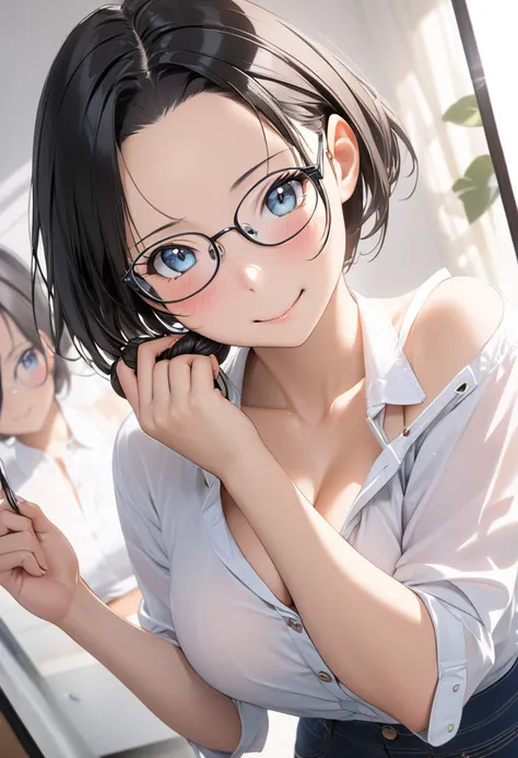 RAWphoto,photorealistic,8k16k,best quality,perfect anatomy,perfect detailed,ultra highres, extremely detailed eyes and face,gleaming skin,shiny skin,1girl,Japanese,black short hair,pixie cut, (wearing glasses:1.3),(parted bangs,forehead:1.2),round face,med...