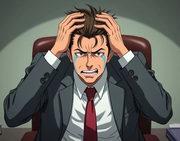 A middle-aged man, full body, shady government worker, brown hair, gray business suit with a loose red tie, works in a secret government agency, siting in an office, hands pulling hair and stressed out, he is suffering under tremendous stress and crying fr...