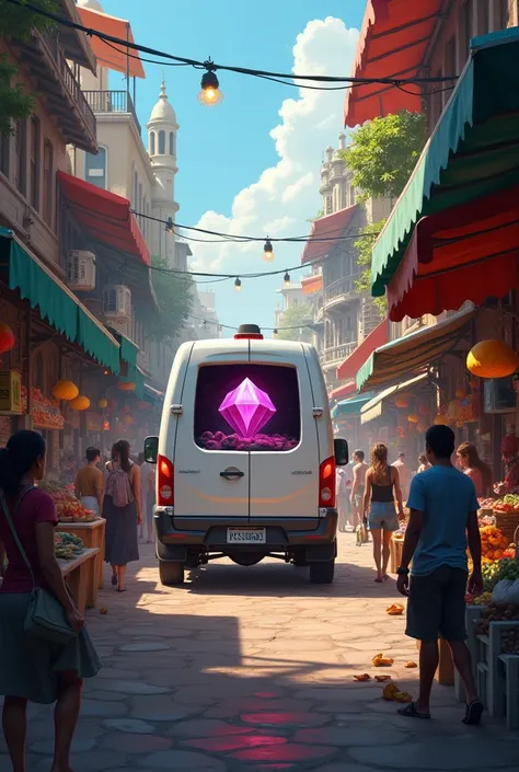 Create an image of a white van in the middle of a busy market and in the back of the van there is a huge gem 