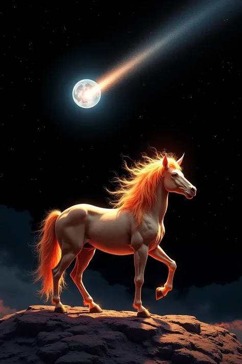 Create a centaur looking at the moon, that the ground is made of volcanic stones, that the hair is of fire and that in the sky it is black with a star while a comet crosses with a long wake love if now