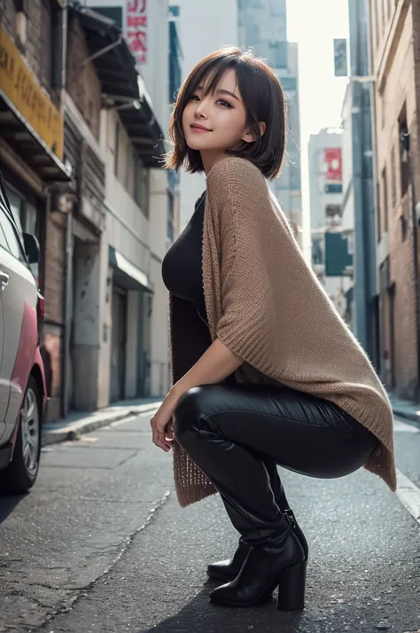   back shot of one、Squat、 knitted sweater、 skinny pants 、Busty、Alluring、Waking up、Looks sleepy、Shooting from below、Shiny hair、Warrior、 Glamorous Body、So cute and pretty、transparent fluffy cloak、Thighs、Short bob hair inner wrap、 sexy(8k, RAW photo, best qua...