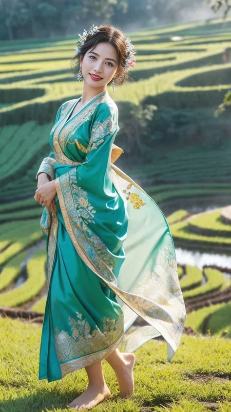 "Rice Field Goddess" (Masterpiece, Ultra-Detailed, Photorealistic, 32k, Sharp Focus, Realistic)
Subject: A glamorous woman with deep blue eyes, soft chestnut curls cascading down her back, and glowing skin. She wears bold red lipstick and subtle eye makeup...