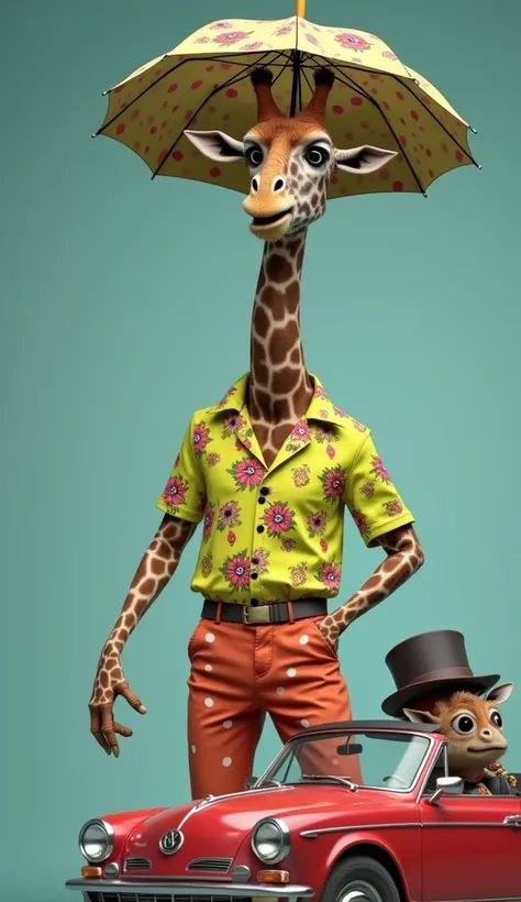 An absurdly funny yet hyper-realistic humanoid giraffe, standing tall with an exaggeratedly long neck and a goofy expression, dressed in a flamboyant, mismatched outfit combining a neon Hawaiian shirt, oversized polka-dot pants, and a tiny bowler hat perch...