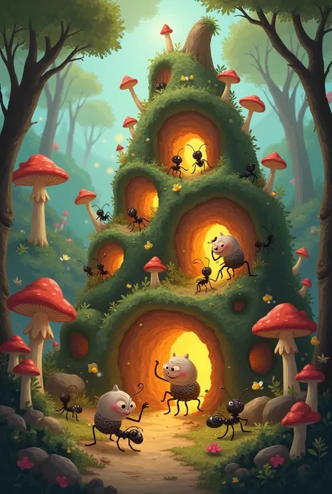 the life of ants in an anthill in a fairytale style