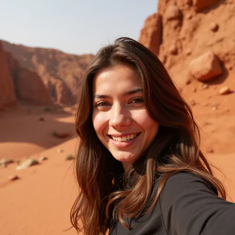 a mathematics student, (female), 25 year old, european, brown wavy hair, hyperrealistic, ultrahd, 4k, smiling, taking a selfie on the mars