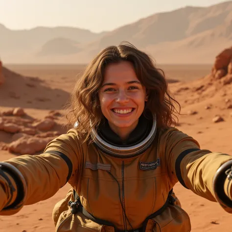 a mathematics student, (female), 25 year old, european, brown curly hair, hyperrealistic, ultrahd, 4k, smiling, taking a selfie on the mars