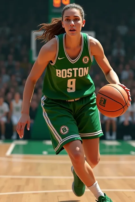 Boston womens basketball player number 9 green jersey