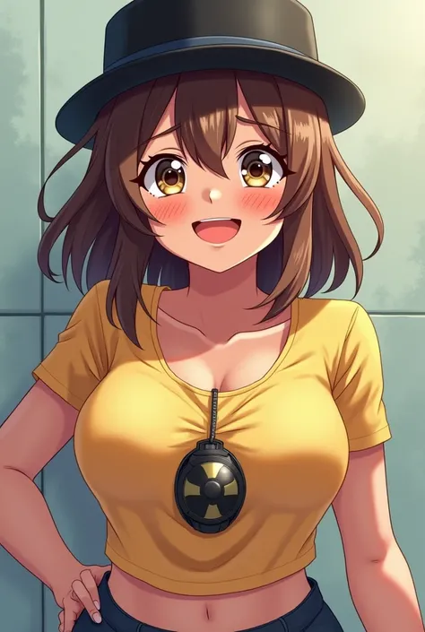 a happy girl with a deactivated mini nuke going through his body Light brown skin color in a black top hat, and coffee hair  In the anime style with a casual t-shirt and bigg boobs