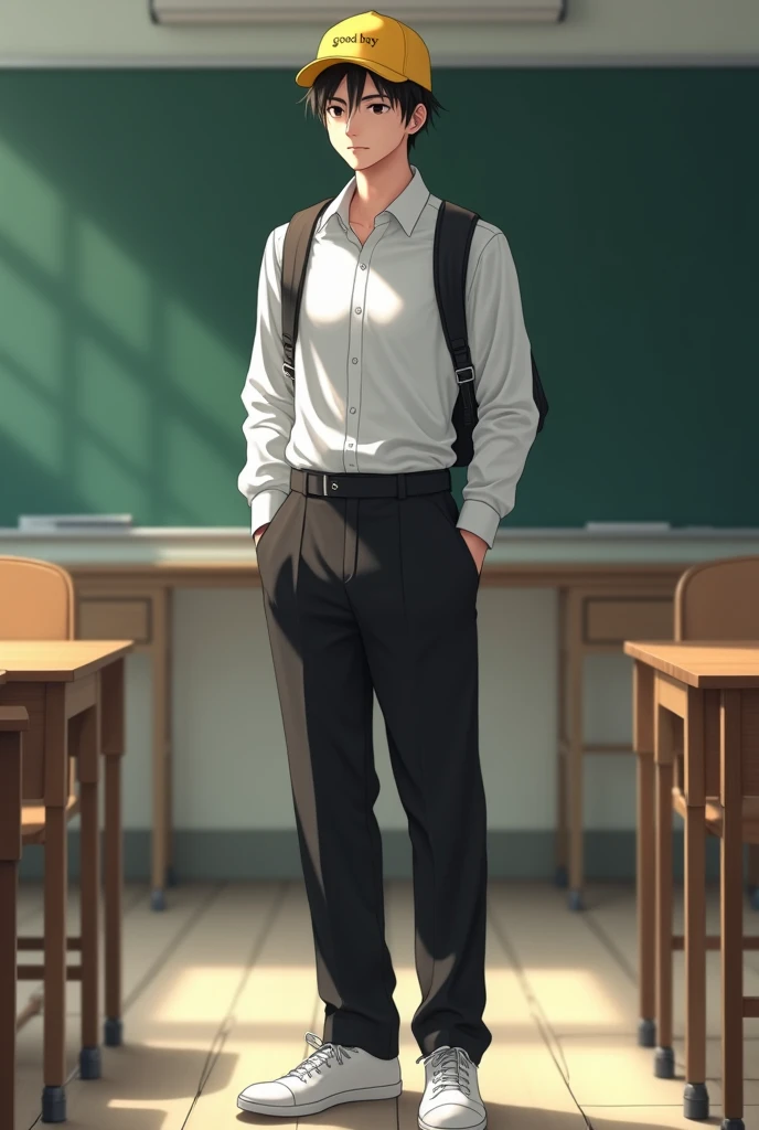 (Very realistic),Japanese man, 20 years old, wearing a white long-sleeved formal shirt, wearing black formal trousers,Wearing white sports shoes,Wearing a black backpack, having a straight parted hairstyle like a Korean idol,Having very white skin,Front lo...