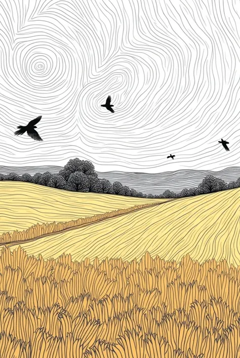 Van Goghs wheat field with crows in line drawing