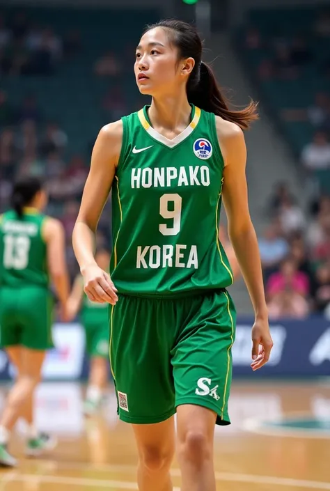 Korean womens basketball player Boston green jersey number 9