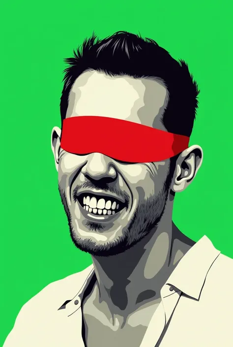   stylized vector art portrait of a man with a black and white face,  teeth、 bold red bands are partially hidden in the eyes and mouth  .  背景teeth緑です . この人物teeth厳粛な ,  wears a loose white shirt ,  It looks like 、 conveys a sense of conflict and limitation ...