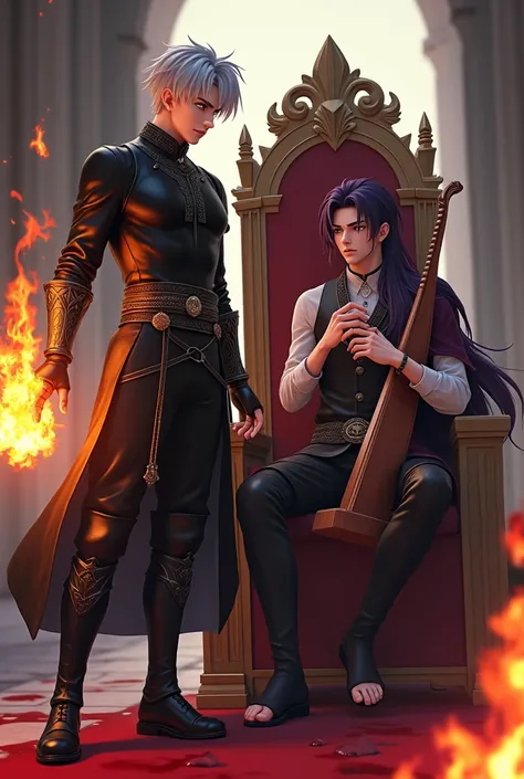 (anime style 3d) 1st person: a young man in his twenties, a curtain bangs silver short hair, grey eyes , lean and fierce black leather scaled medieval clothing, fire in his hand.
2nd person: a young man in his twenties, long dark purple hair, golden eyes, ...