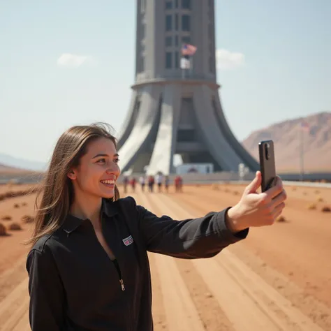 a mathematics student, (female), 25 year old, european, brown hair, hyperrealistic, ultrahd, 4k, smiling, taking a selfie on the gateway to mars