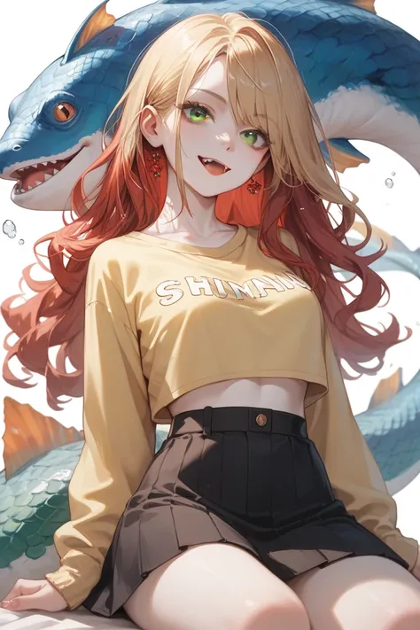 girl, long blonde hair, red hair strand, brown eyes, white skin, short skirt, yellow shirt, fish scales on skin, small fangs, quills.