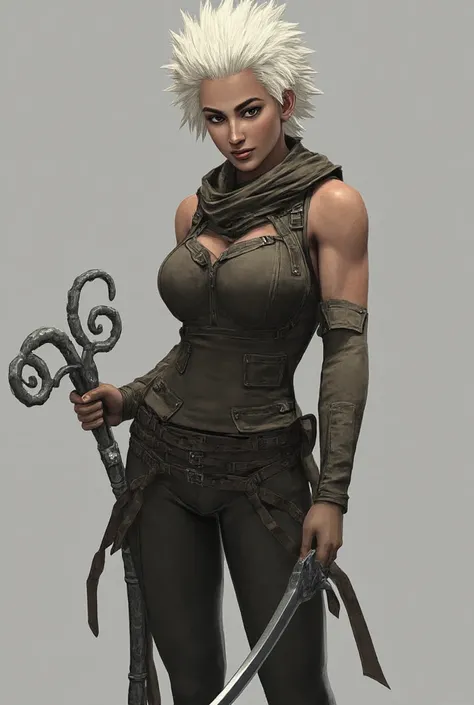  Tall woman with a defined body , muscles sample ,  Strong but well-bodied ,  wearing combat clothes handling a steel whip,  Shaggy white hair looking stiff  