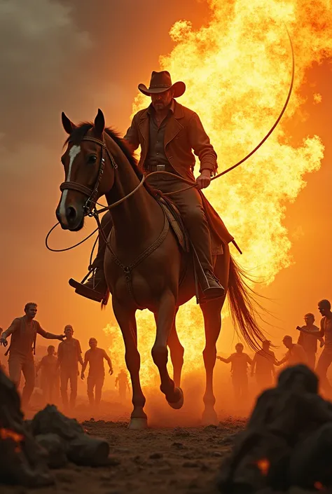 A cowboy who rides a wave of fire that sweeps over zombies, dans un décor apocalyptique 