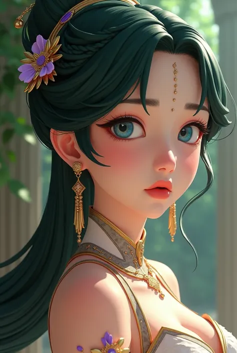 (Style Epic anime 3D)  She is a young woman and is surprisingly beautiful with a beautiful face despite the fact that she always has a cold and bitter or disgusted expression on her face sharp in the shape of a diamond on her chin, She has a small nose, fi...