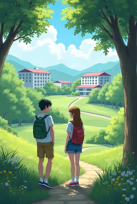 A couple of high school students in a natural landscape at their school 