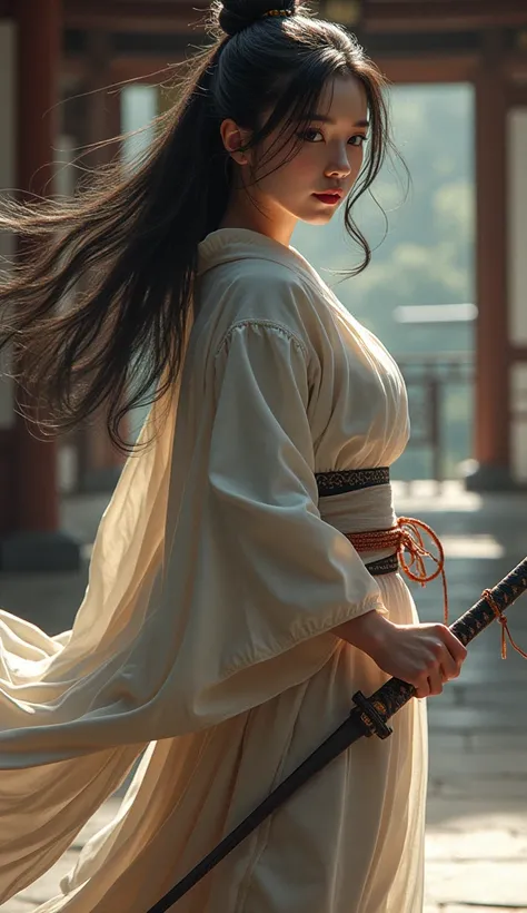 Beauty female samurai, she has long black hair, wearing kimono, armed with a katana, dojo room, detailed body shape, perfect beauty Korean face oval head, holding katana, full body, japanese background artwork, masterpiece, whole body in picture, with kata...