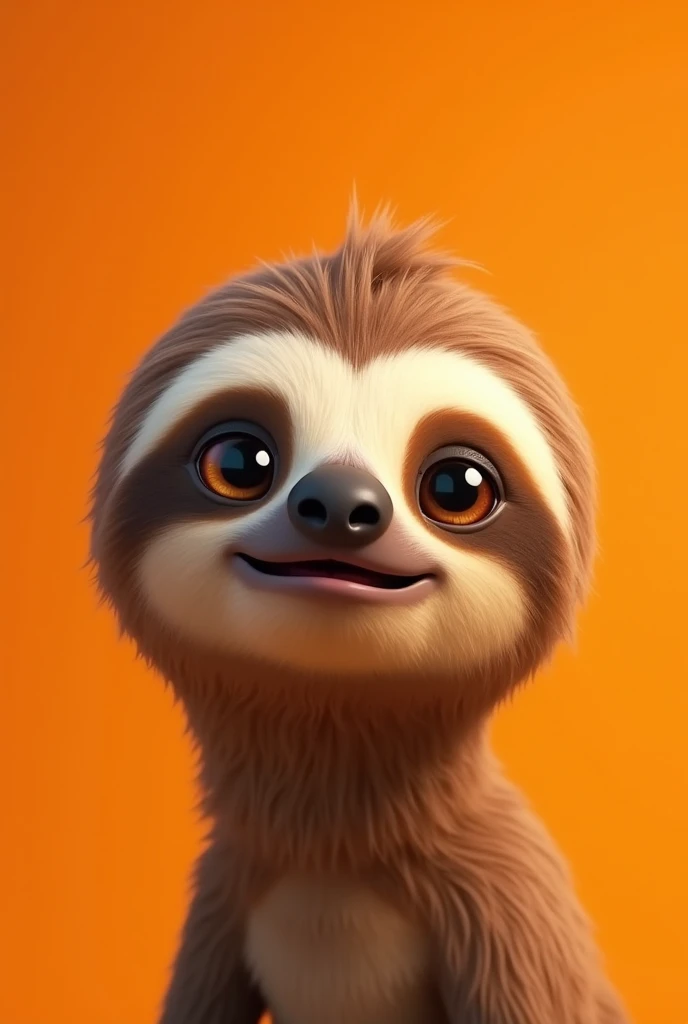 Animated sloth head without neck or body and with orange background 