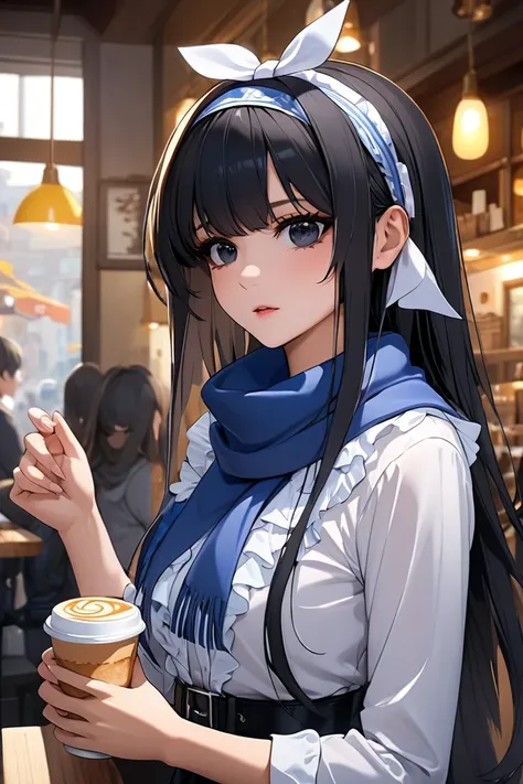 Liana, 1 girl, black hair, long hair, black eyes,  Ruffle shirt ,  hair band, black belt, scarf, blue scarf with green gem,  Cafe Break - Faces are represented in detail, up to each eyelash ,  Super detailed face ,  super detailed eye ,  sharp focus、 maste...