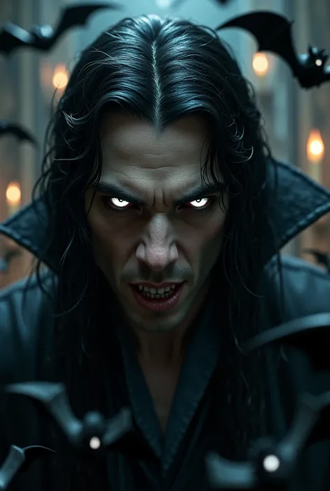 close up of a male vampire with white eyes, long black hair, and sharp teeth, surrounded by bats with glowing eyes inside his castle, highest definition, highest detail, highest quality 