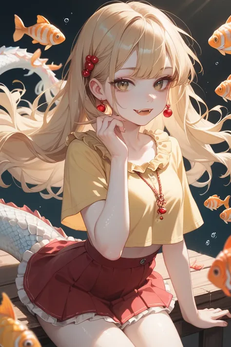 girl, long blonde hair, red strand, brown eyes, white skin, short skirt, yellow shirt, fish scales on girl skin, small fangs, quills on girl.