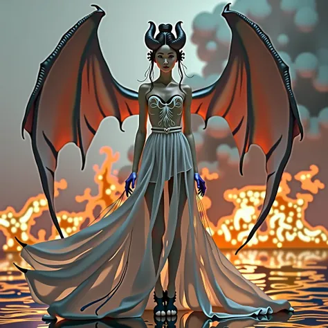 SeaArt-bot upscaling studio quality , 8k, HD,  in the background is a sea of flames ,  very pretty young Korean 20-year-old demon , heart-shaped face , symmetrical bun, with two horns,  two large wings on the back , hair accessories, Schmuck, soft face , d...