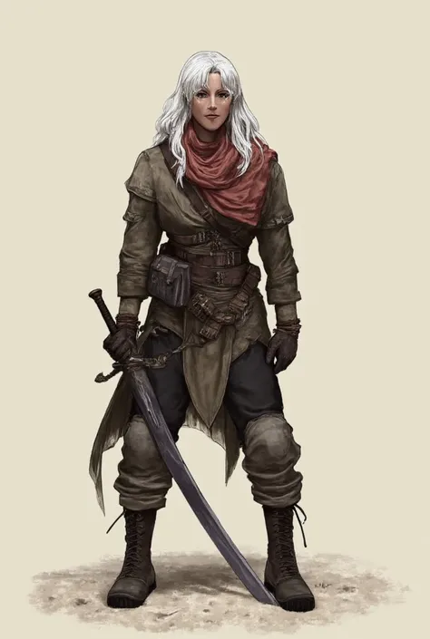  Tall woman with a defined body , muscles sample ,  Strong but well-bodied , wearing combat clothes holding a sword  ,  Untidy loose white hair looking stiff.