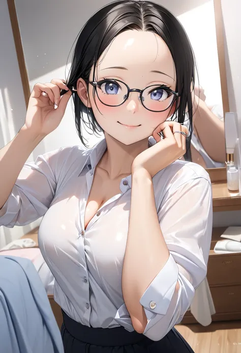 RAWphoto,photorealistic,8k16k,best quality,perfect anatomy,perfect detailed,ultra highres, extremely detailed eyes and face,gleaming skin,shiny skin,1girl,Japanese,black short hair,pixie cut, (wearing glasses:1.3),(parted bangs,forehead:1.2),round face,med...