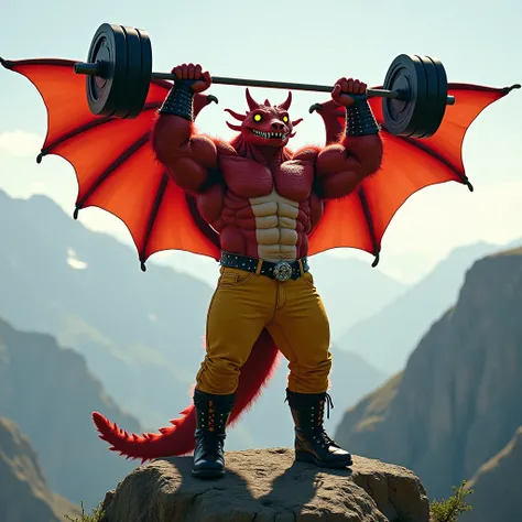  A huge red muscular winged crocodile furry jock with yellow glowing eyes without pupils in black metal bracelets, wearing black boots , wearing yellow jeans, he holds a barbell in his hands above his head while standing on the top of a cliff against the b...