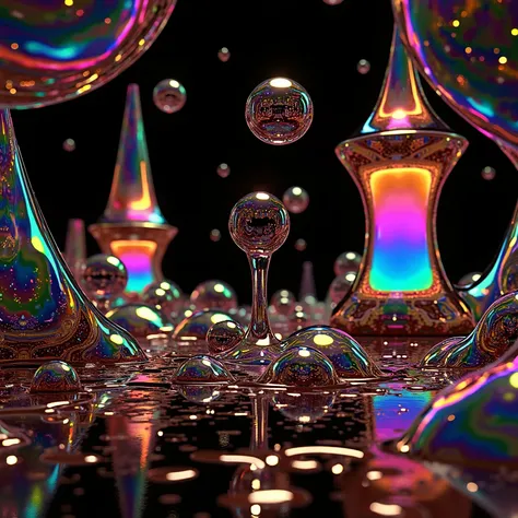 A photorealistic cinematic dream, psychedelic vibrant colors shimmering, glass morphing, rivers of intricate rainbow patterns, perfectly formed symmetrical spheres, glowing reflective bubbles, attention to detail on the bubbles and spheres, rainbows of col...