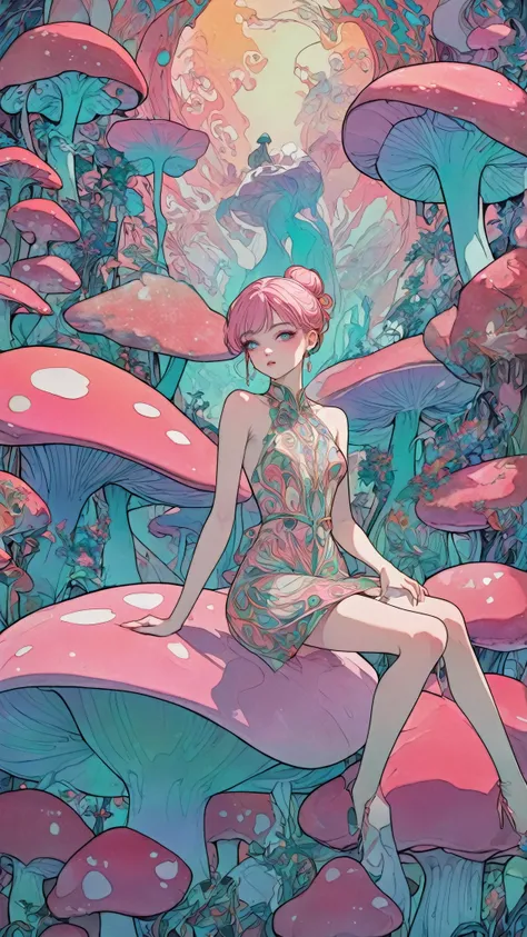 1 asian girl, beautiful 18 year old girl, pink hair in a bun, bare shoulders, sitting on a giant mushroom, elegant, chic, modern, fashionable, muted colors, soft lighting, art nouveau, psychedelic anime style, colorful, trippy, (best quality,4k,8k,highres,...