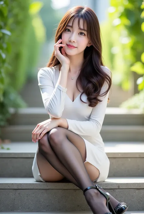 A photorealistic image of a young East Asian woman sitting elegantly on outdoor stone steps. She has long, wavy brown hair cascading over her shoulders, with a soft and calm expression on her face. She is wearing a white long-sleeve dress with a slight sli...